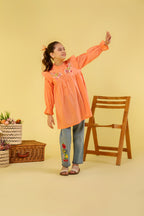 Top Embroidery With Frill Light Orange Frock Girls