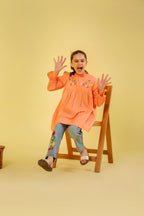 Top Embroidery With Frill Light Orange Frock Girls