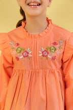 Top Embroidery With Frill Light Orange Frock Girls