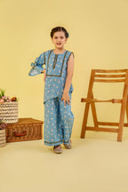 white Flower with Lase Sky Blue Suit Girls