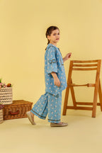 white Flower with Lase Sky Blue Suit Girls