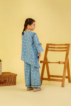 white Flower with Lase Sky Blue Suit Girls