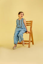 white Flower with Lase Sky Blue Suit Girls