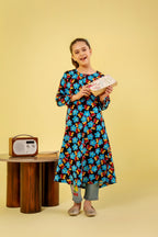 Multi Flower All Over Print Black Frock Girls