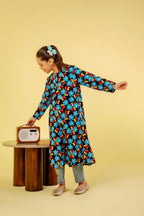 Multi Flower All Over Print Black Frock Girls