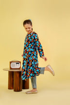 Multi Flower All Over Print Black Frock Girls