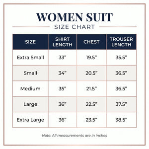 A women's suit size chart graphic showing measurements for shirt length, chest, and trouser length by size from Extra Small to Extra Large.