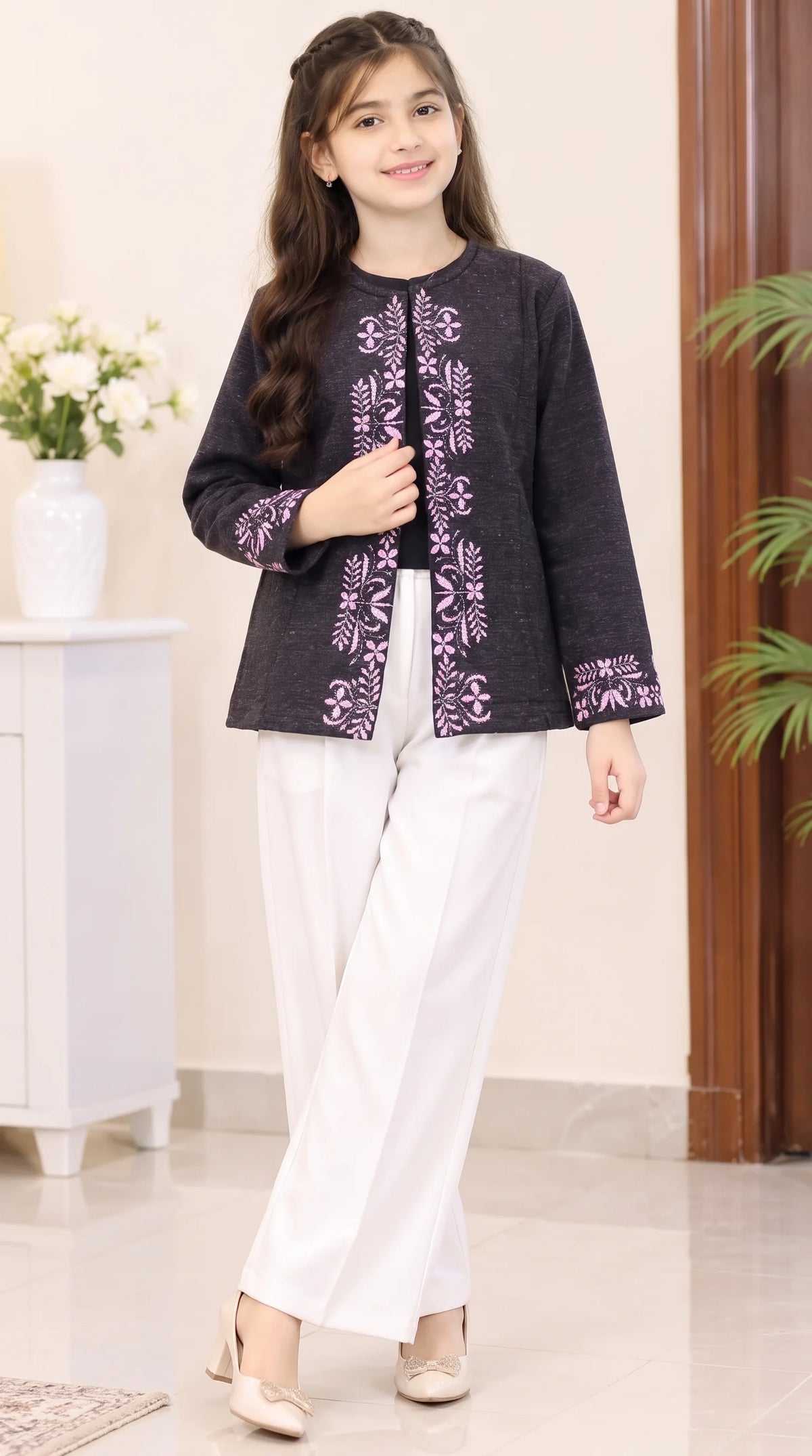 Front Embroidery Charcoal Wool Jacket for Girls( R-447 )