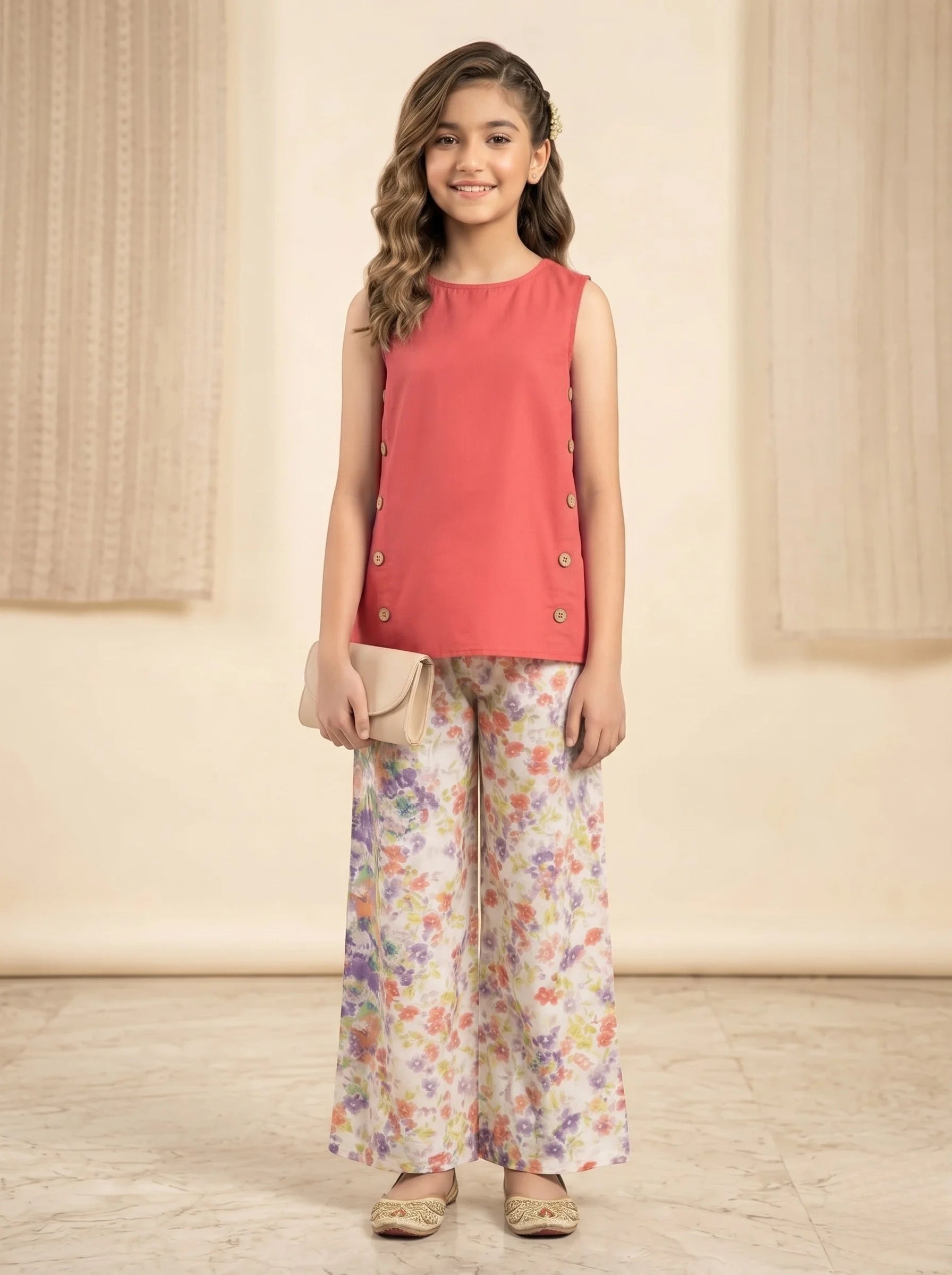 Simple Sleeveless Peach Suit Girls ( R-84 )