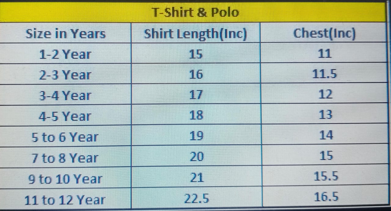 Blue Corner White T Shirt Size Chart Kids Blue Corner Size Chart