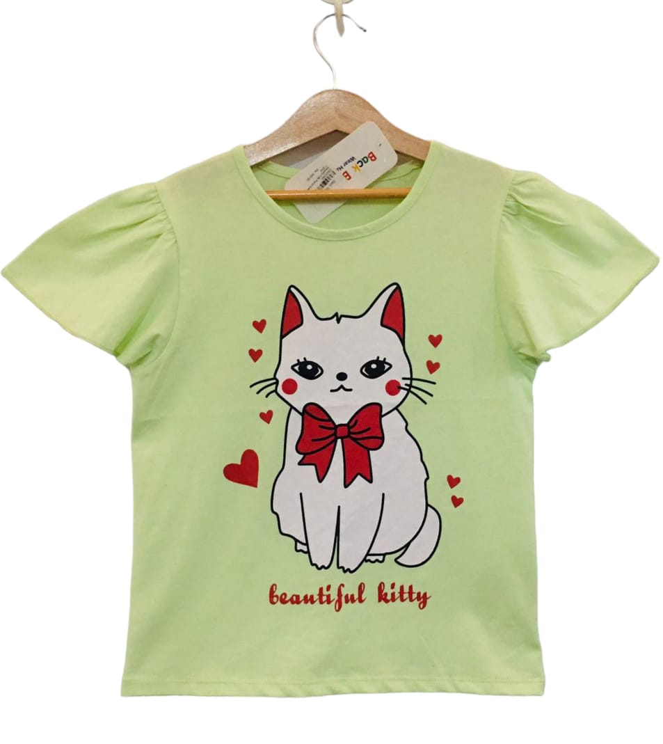 Beauty Kitty Light Green T-Shirt Girls (193) (1)