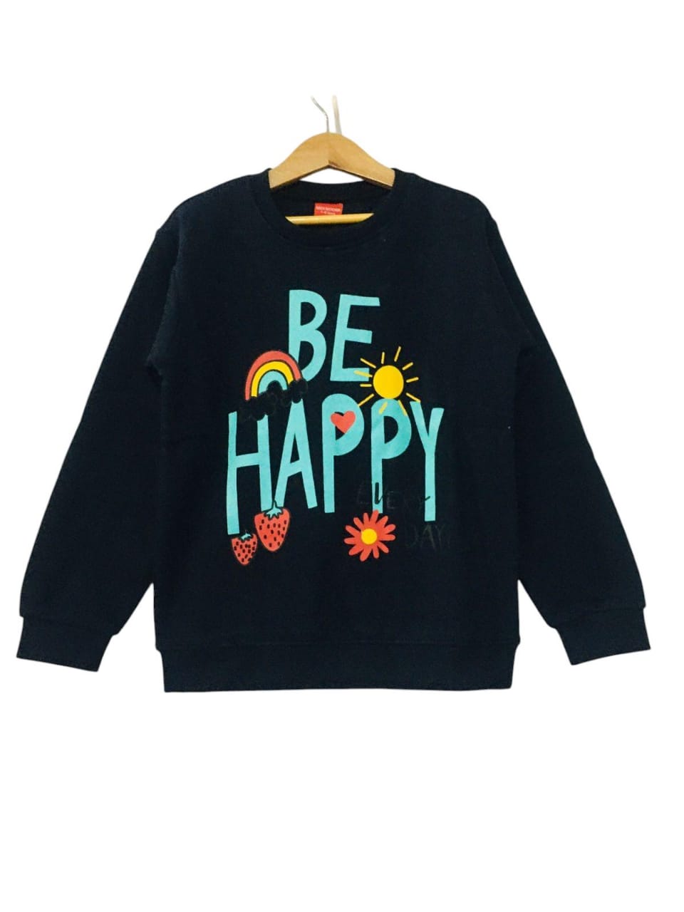 Be Happy With Frill Black Sweatshirt for Girls