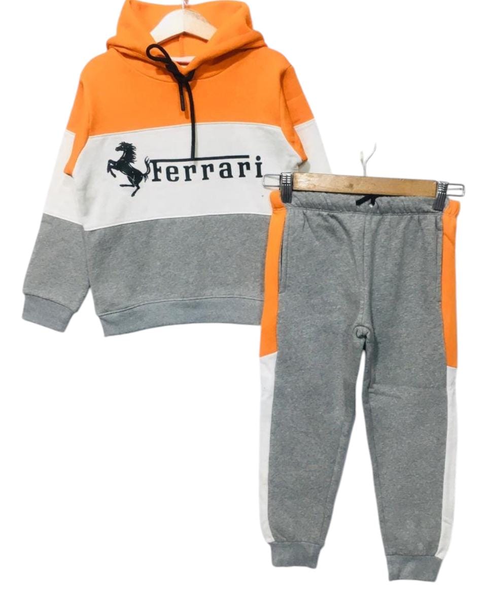 Ferrari Logo Orange & Oatmeal Hoodie Track-suit Boys ( R-42 )