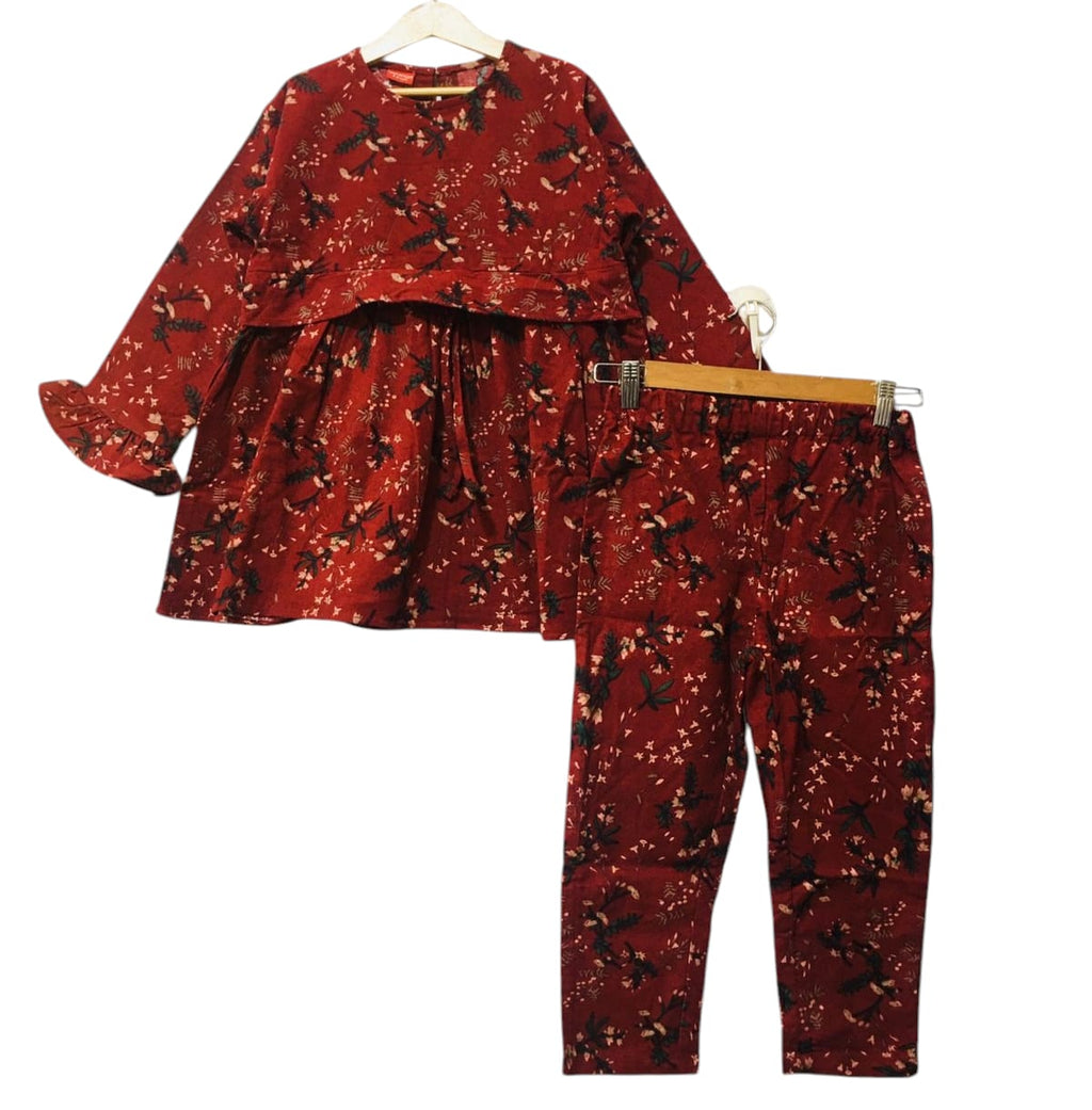 Green Leaves With Frill Mahroon Girl Pairs Girls ( R-99 )