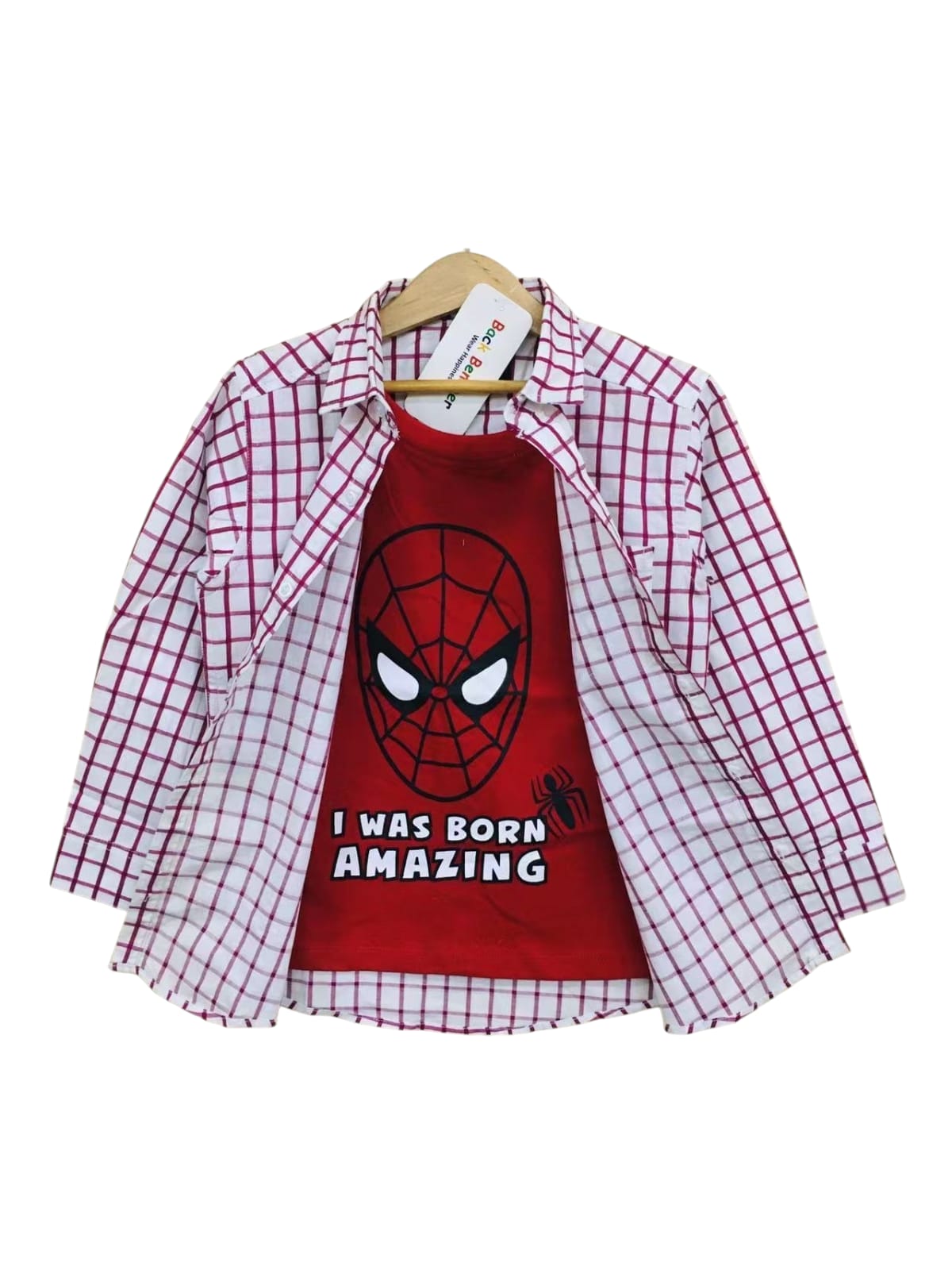 Born Amazing White & Red Check Double Casual Shirt Boys ( R-7 )
