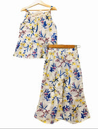 Yellow Flower All Over Print White Skirt Suit Girls ( R-134 )