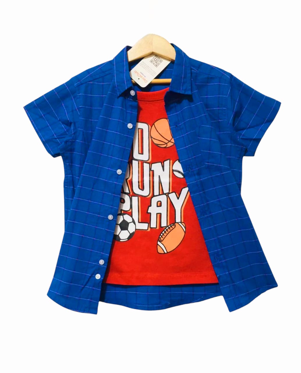 Go Run Play Blue Check Double Casual Shirt Boys ( R-329 )