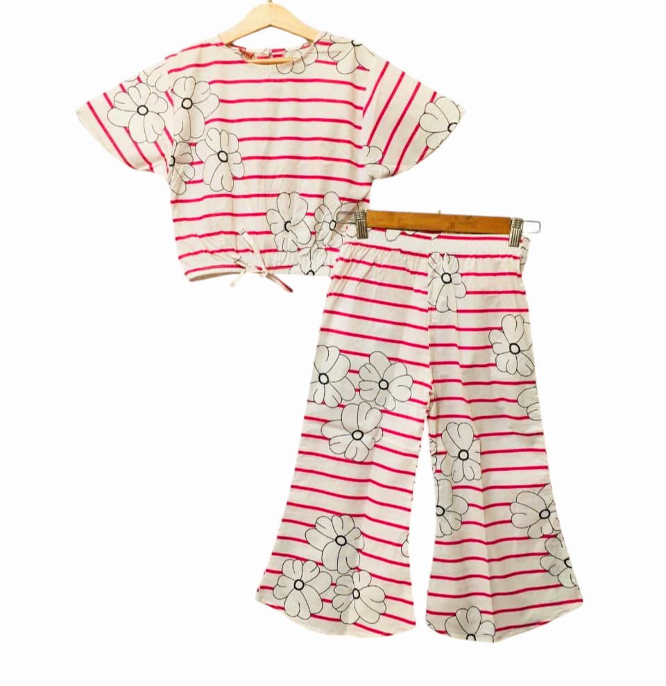White Flower Pink Line Half Sleeve White Skate Fish Girls ( R-296 )