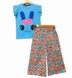 Kitty Face Sky Blue Shirt & Cotton Flapper Girls(R-54)