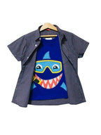 Shark With Teeth Blue Check Double Casual Shirt Boys