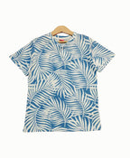 White Leaf All Over Print Sky Blue Henley Polo Boys