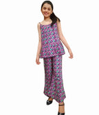 Green & Pink Flower Black Skirt Suit Girls