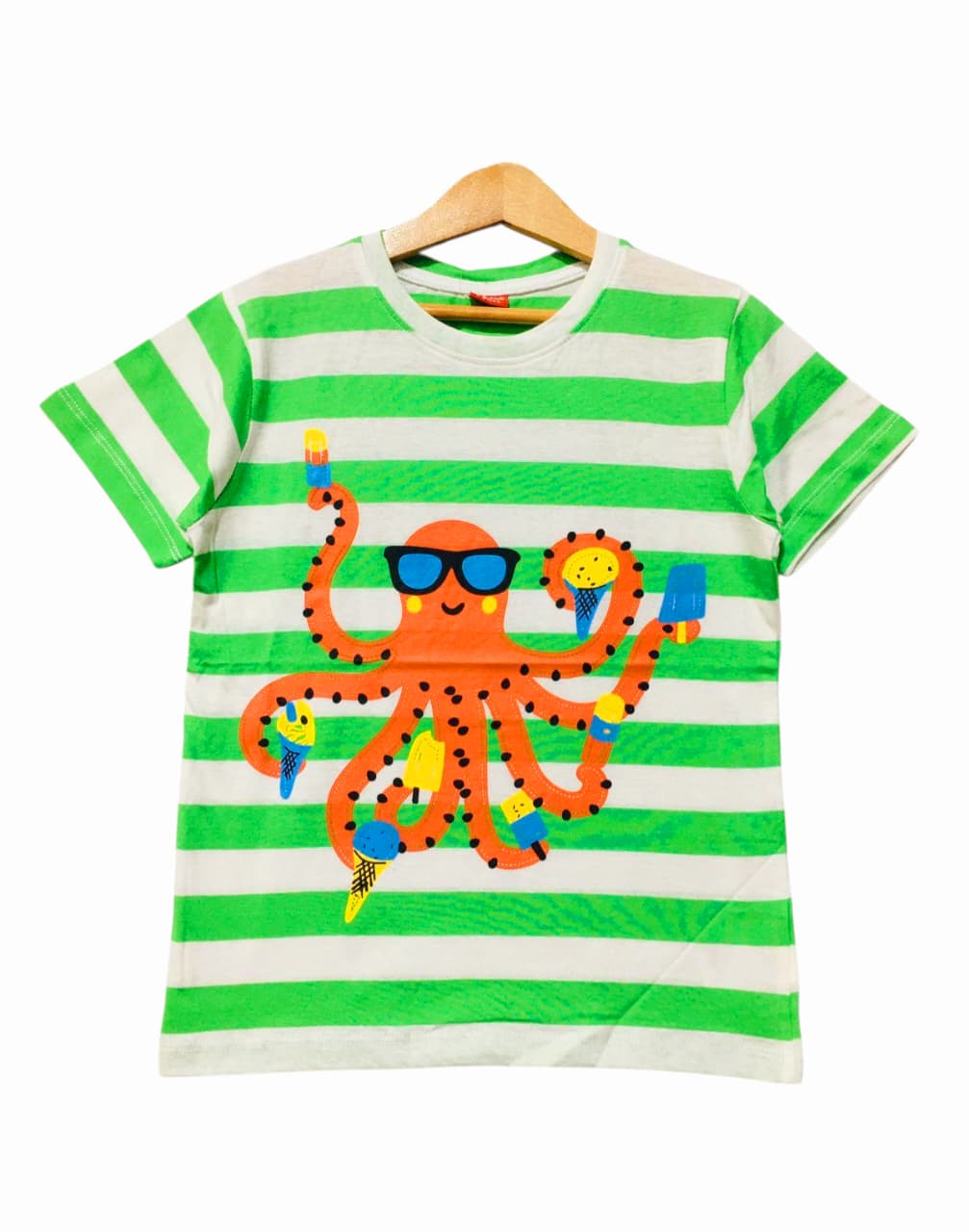 Octopus With Glasses Parrot White Striper T-Shirt Boys