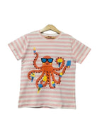 Octopus With Glasses Peach White Striper T-Shirt Boys