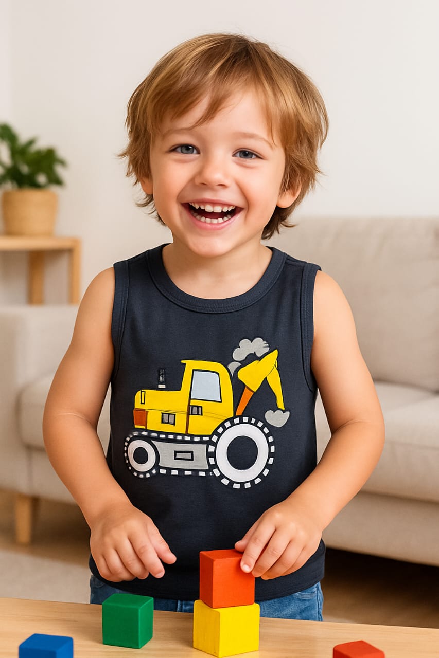 Tractor Charcoal Sleevless Shirt Boys