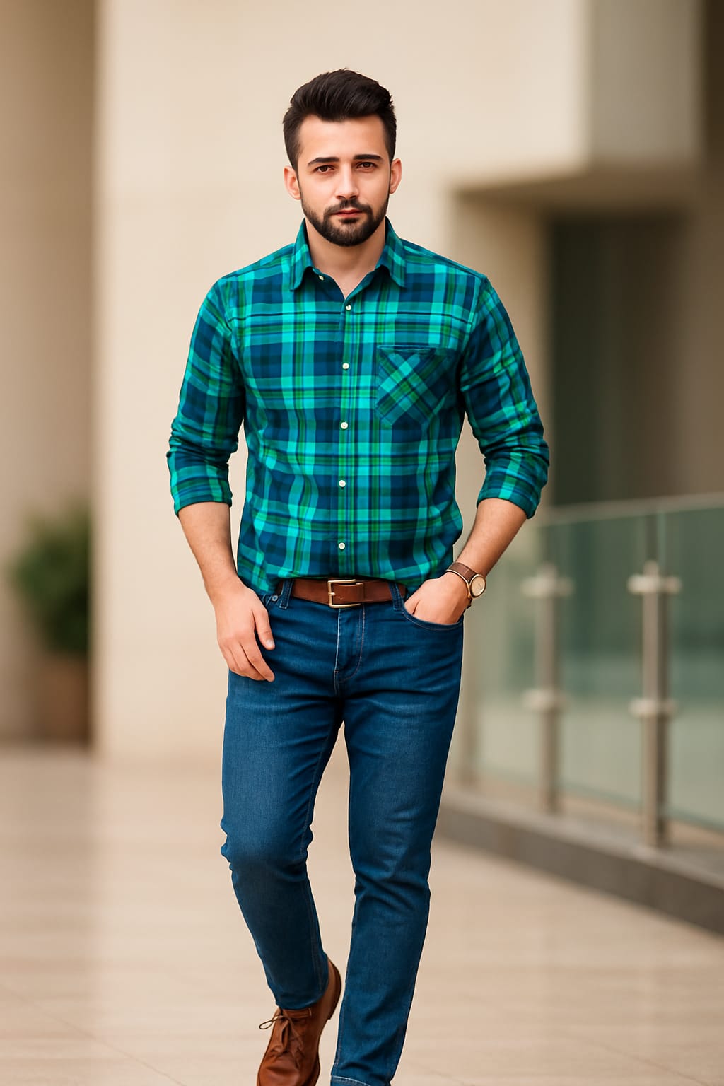Green Blue Checked Casual Shirt Men's