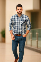 White & Blue Checked Casual Shirt Men's