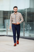 White & Orange Checked Casual Shirt Men's ( R-158 )