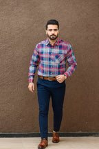 Front Pocket Multi Red Checked Casual Shirt Men's ( R-130 )