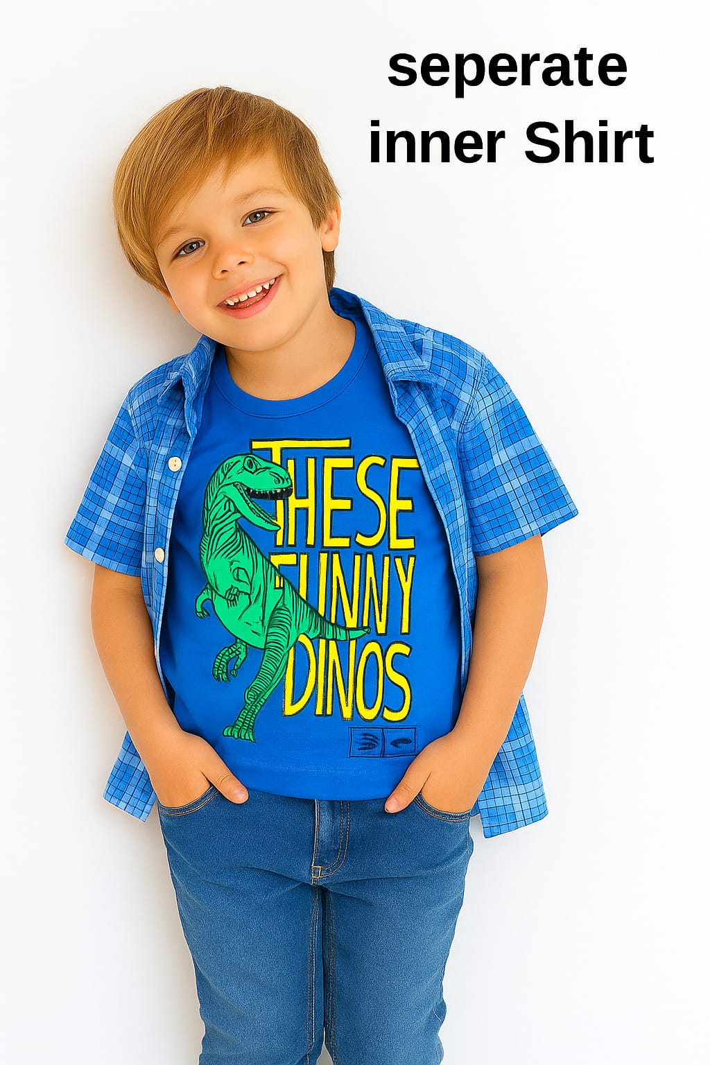 These Funny Dinos Blue Inner Blue Check Double Casual Shirt Boys