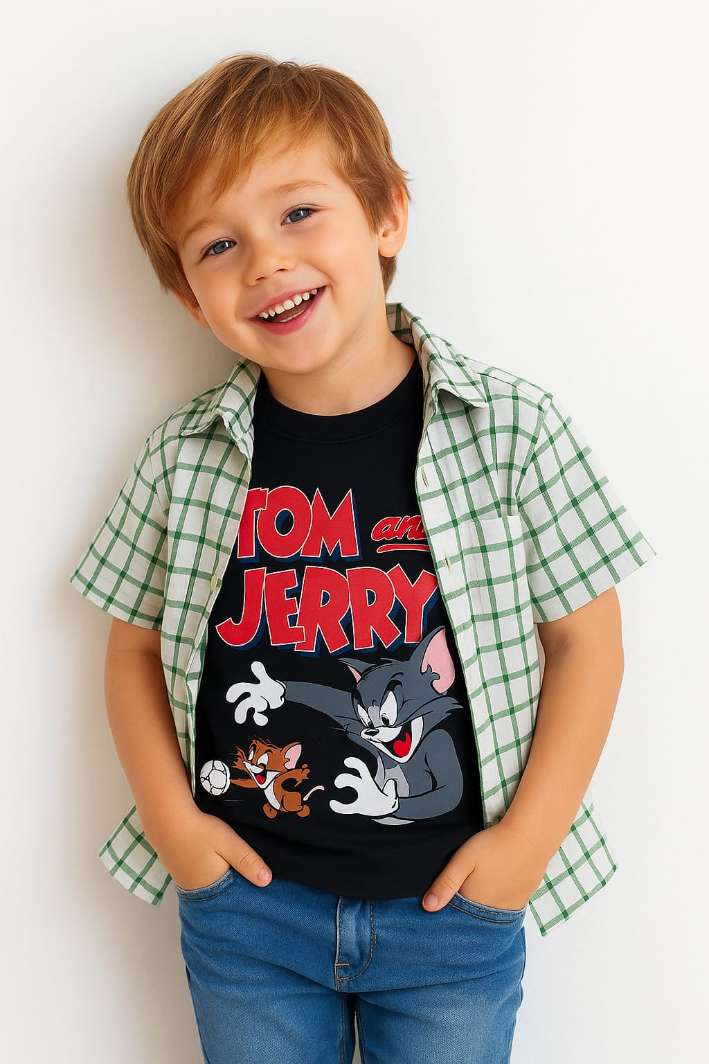 Tom & Jerry Black Inner Green Check Double Casual Shirt Boys