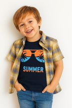 Summer Navy Inner Copper Check Double Casual Shirt Boys