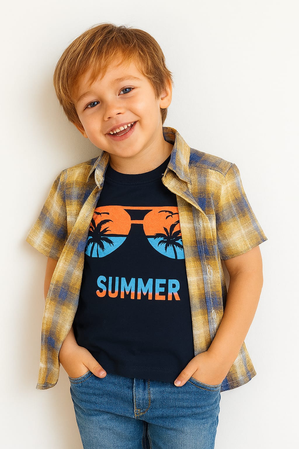 Summer Navy Inner Copper Check Double Casual Shirt Boys