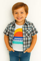 Sunset White Inner Brown White Check Double Casual Shirt Boys