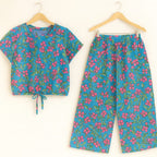 Pink Flower & Green Leaves Half Sleeve Royal Blue Skate Fish Girls