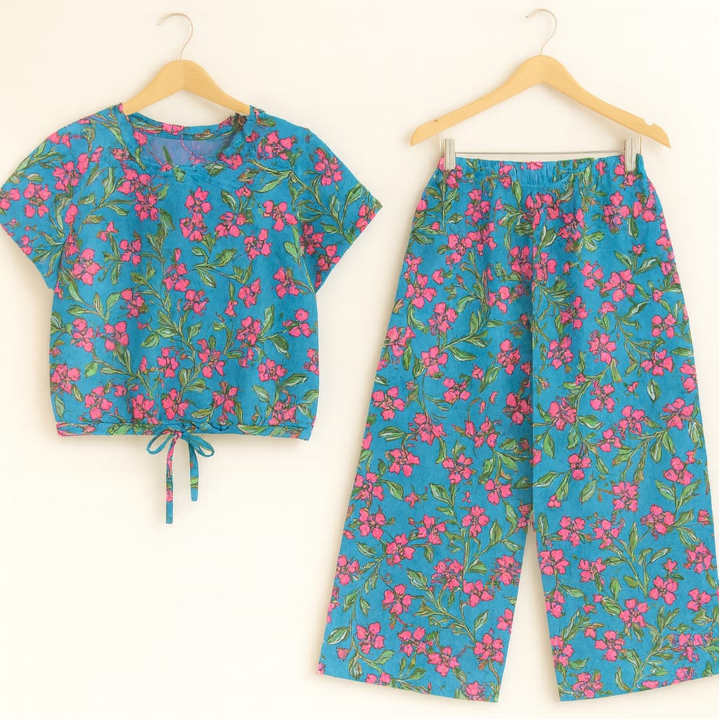 Pink Flower & Green Leaves Half Sleeve Royal Blue Skate Fish Girls