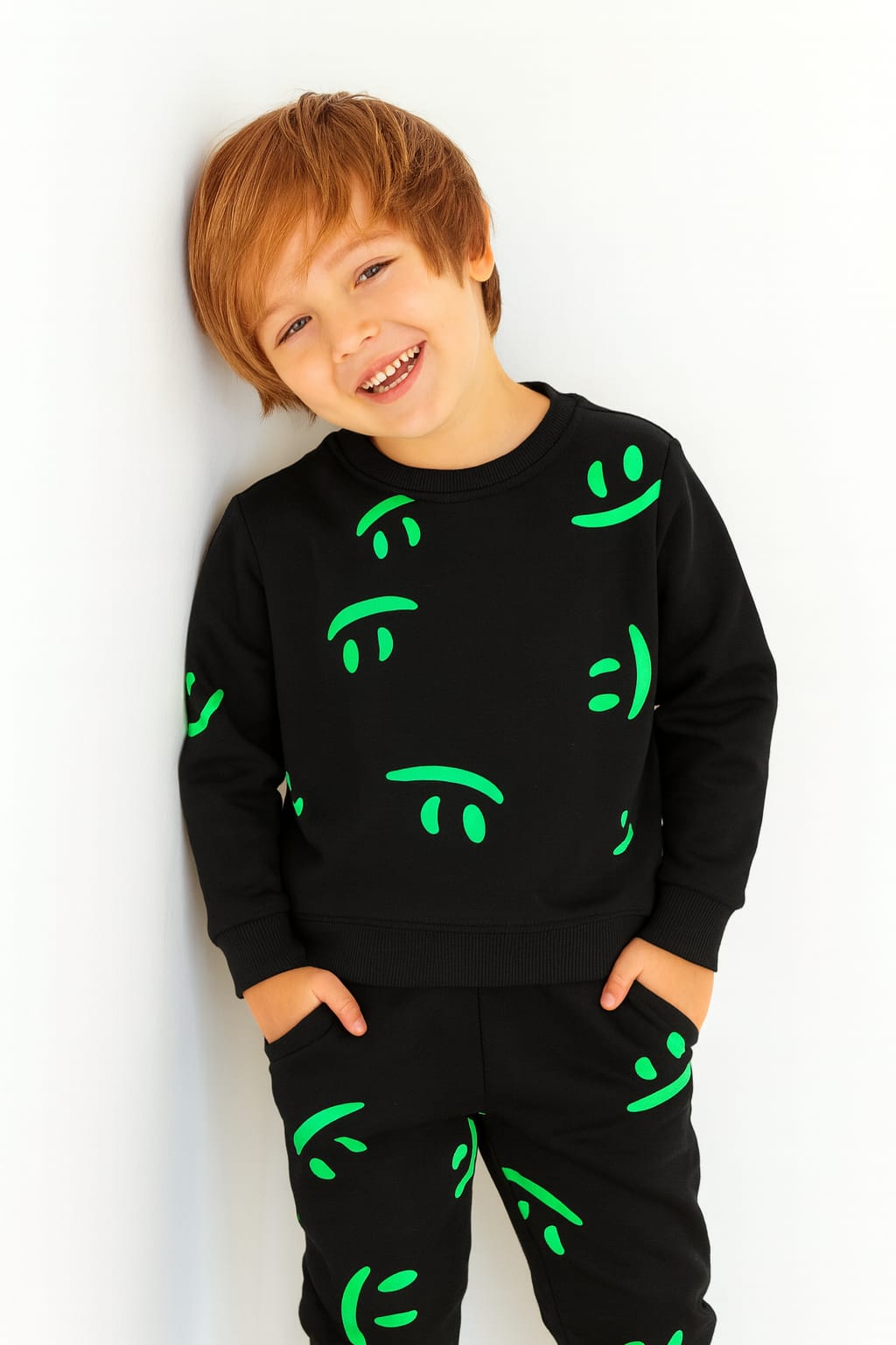 Smiley Print Black Track-suit Boys