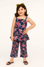Pink Flower Navy Skirt Suit Girls