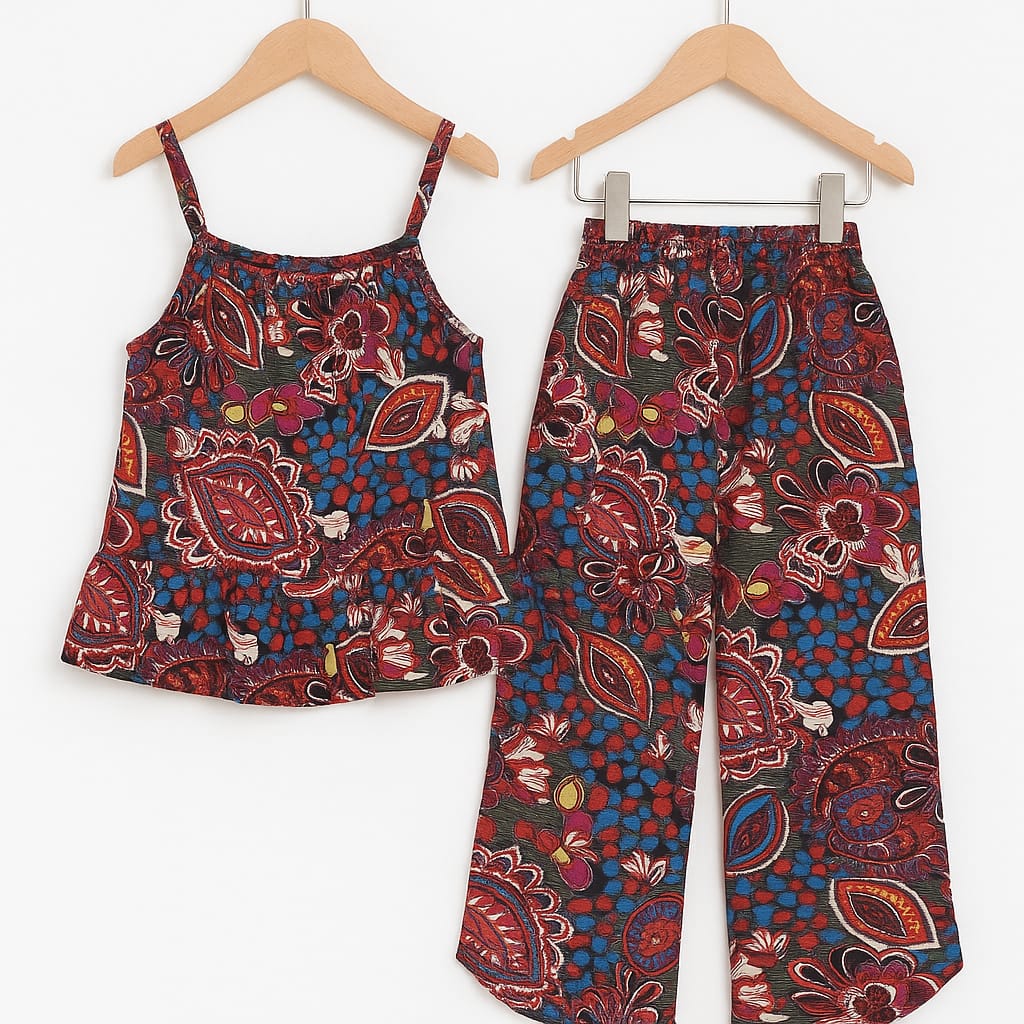 Paisley Pattern All Over Print Multi Color Skirt Suit Girls