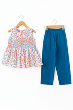 Pink & Peach Flower All Over Print White Frock Suit Girls