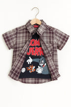 Tom & Jerry Black Inner Mahroon Skin Check Double Casual Shirt Boys