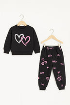 White & Pink Heart Black Track-suit Girls