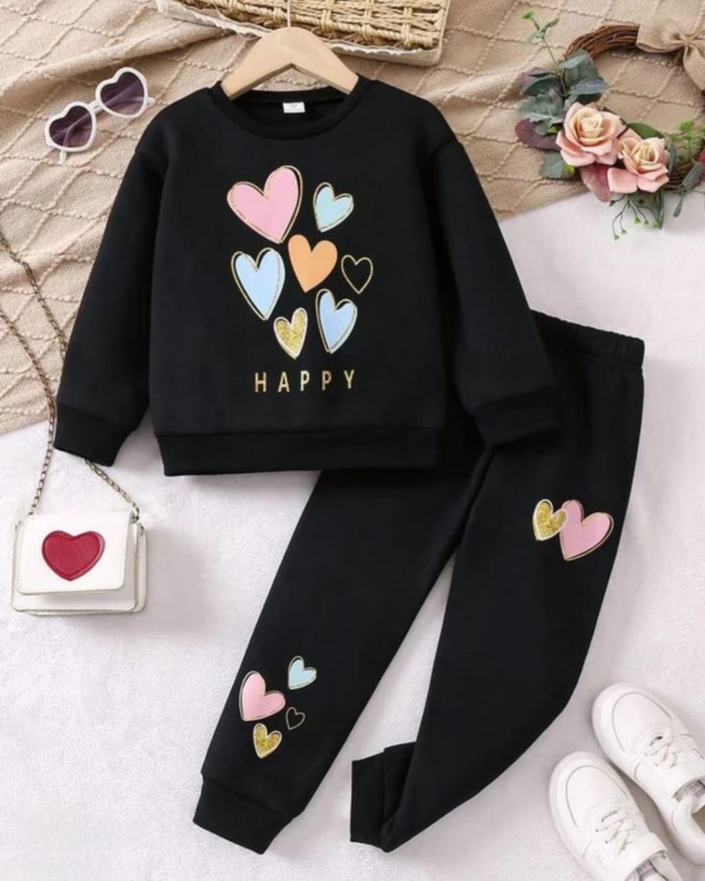 Happy Heart Black Track-suit Girls ( Factory )