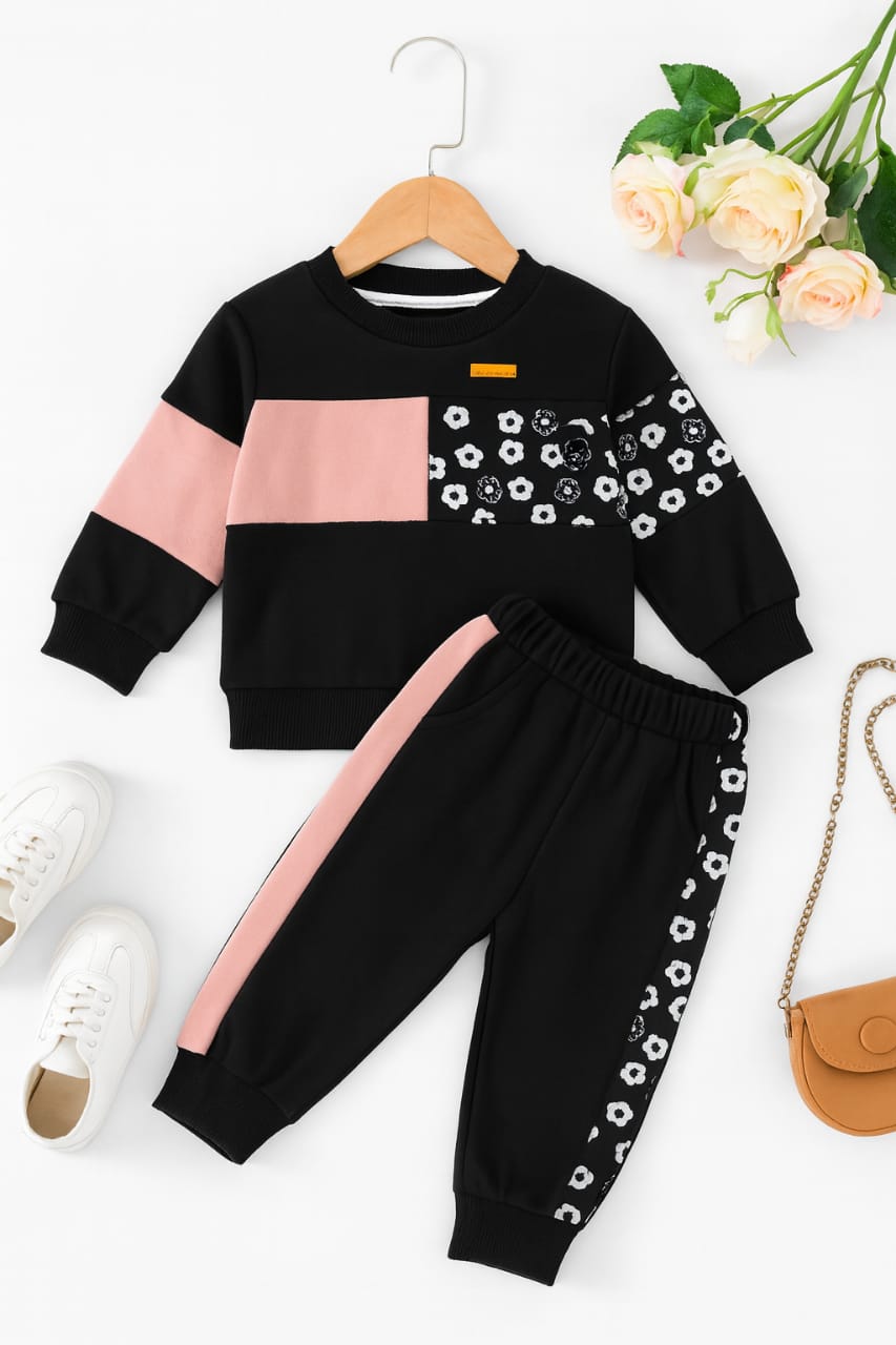 Pink Penal & White Flower Black Track-suit Girls ( R-46 ) Factory