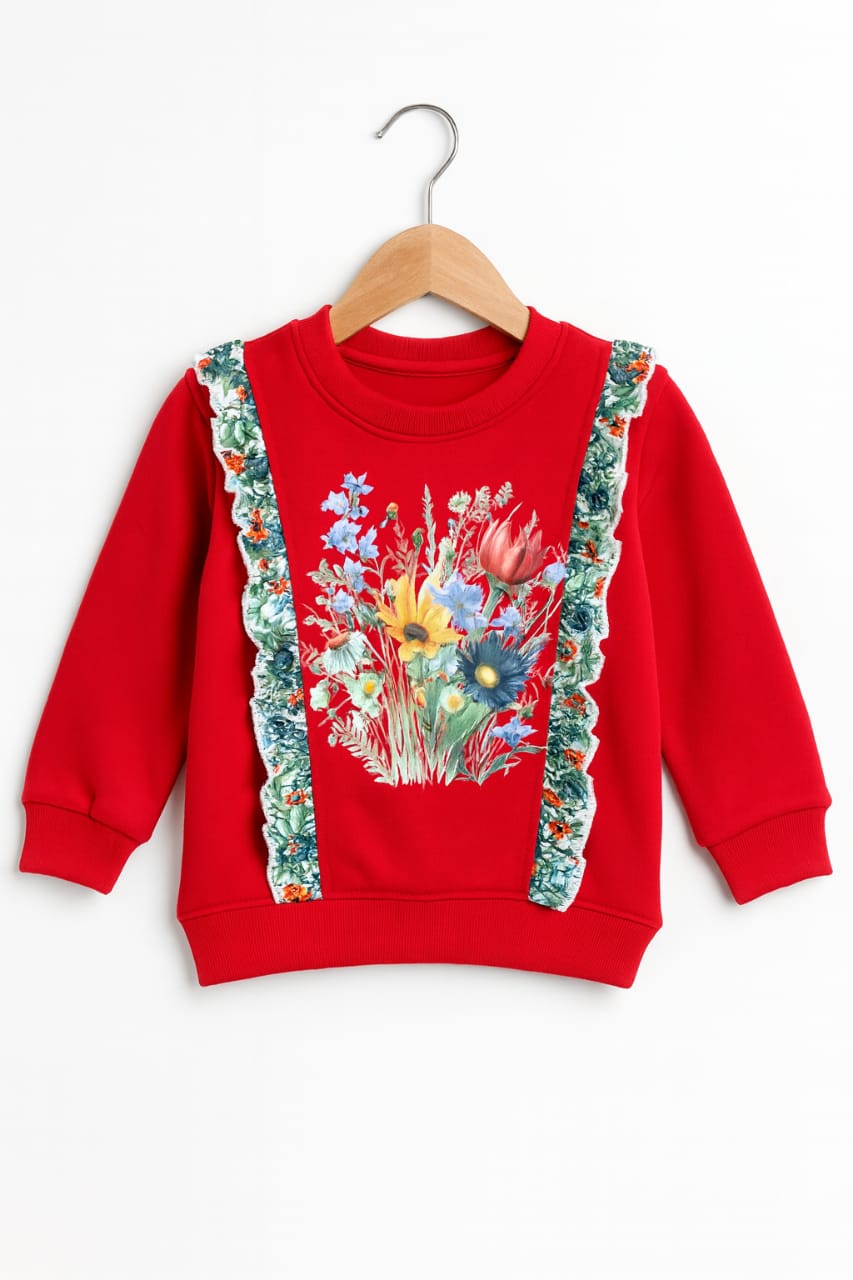 Multi Flower Red Sweatshirt for Girls