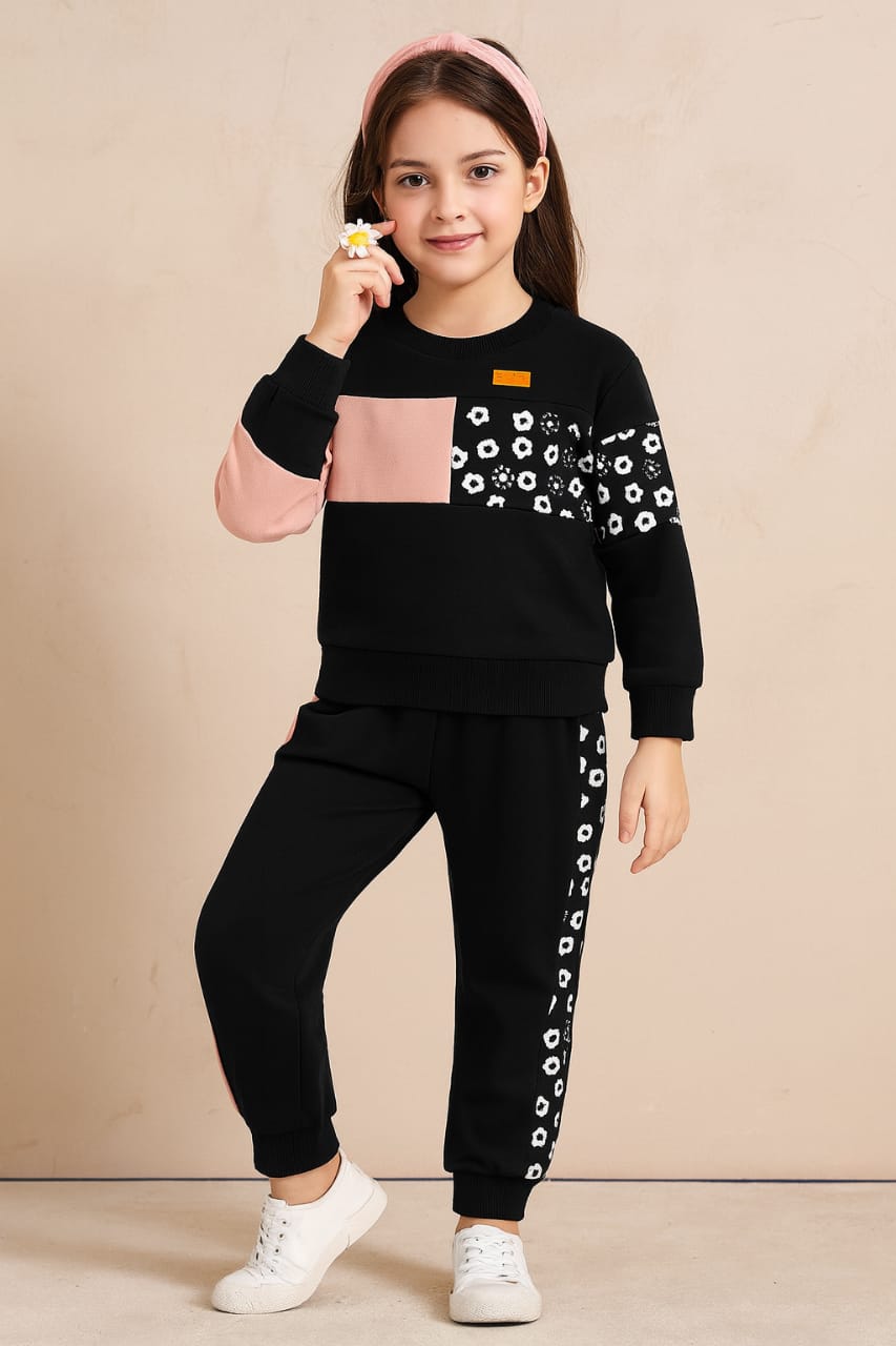 Pink Penal & White Flower Black Track-suit Girls